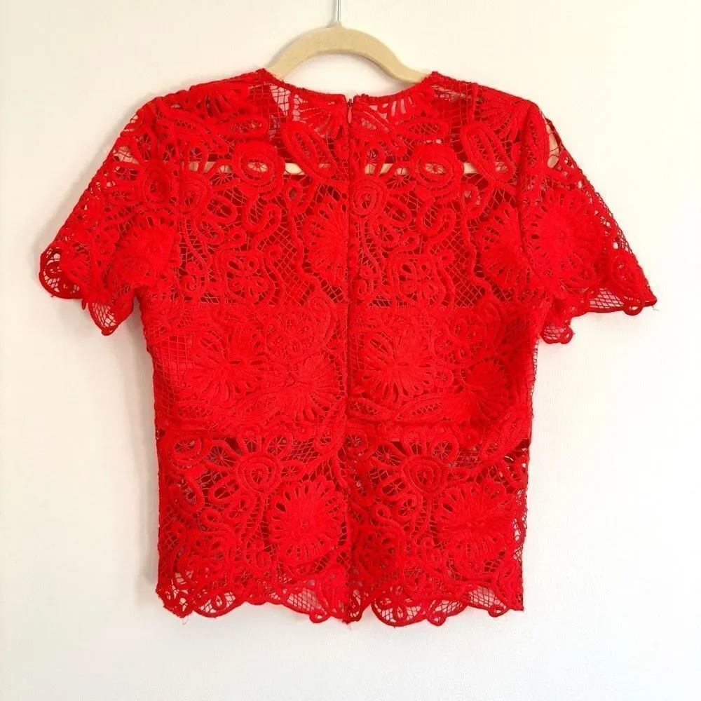 Karina Grimaldi Lace Blouse – Red, Short Sleeve, Scalloped Hem, Size Small